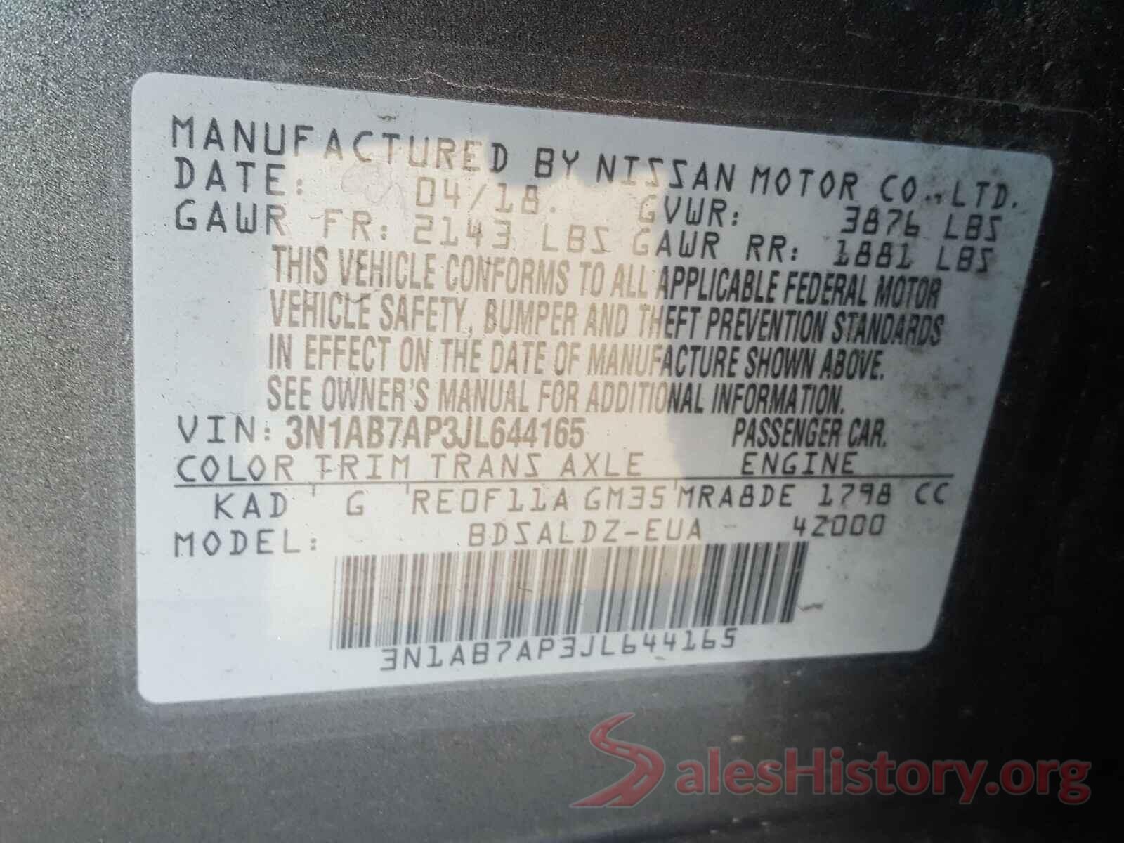 3N1AB7AP3JL644165 2018 NISSAN SENTRA