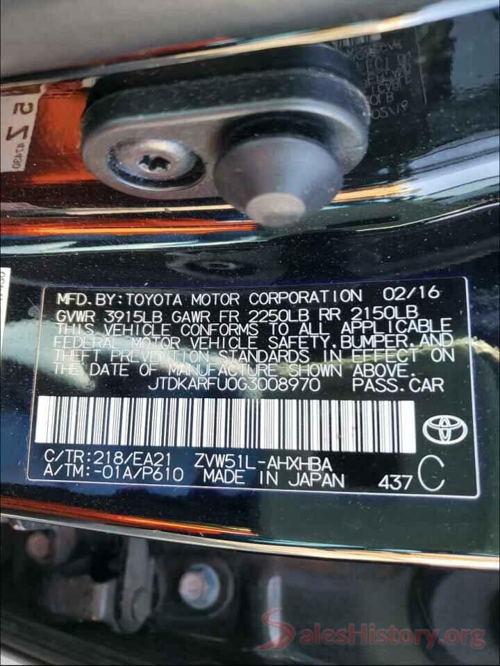 JTDKARFU0G3008970 2016 TOYOTA PRIUS