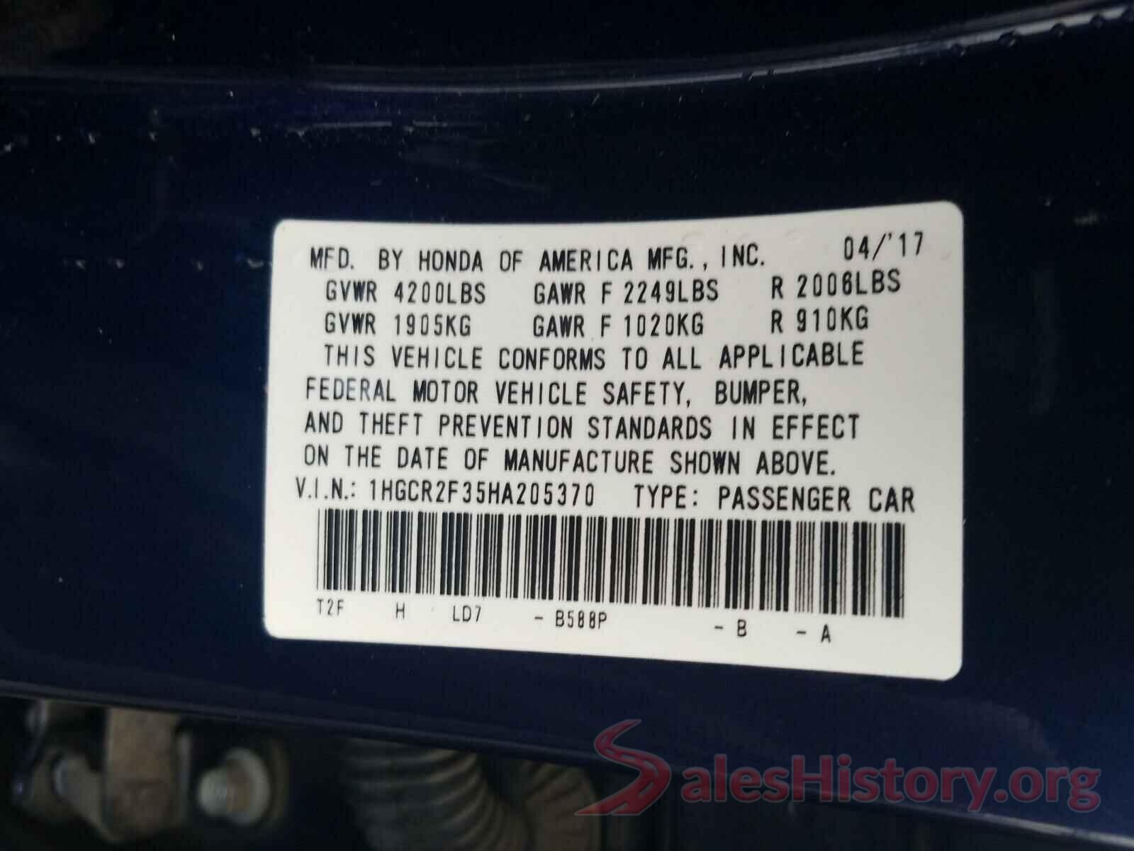 1HGCR2F35HA205370 2017 HONDA ACCORD