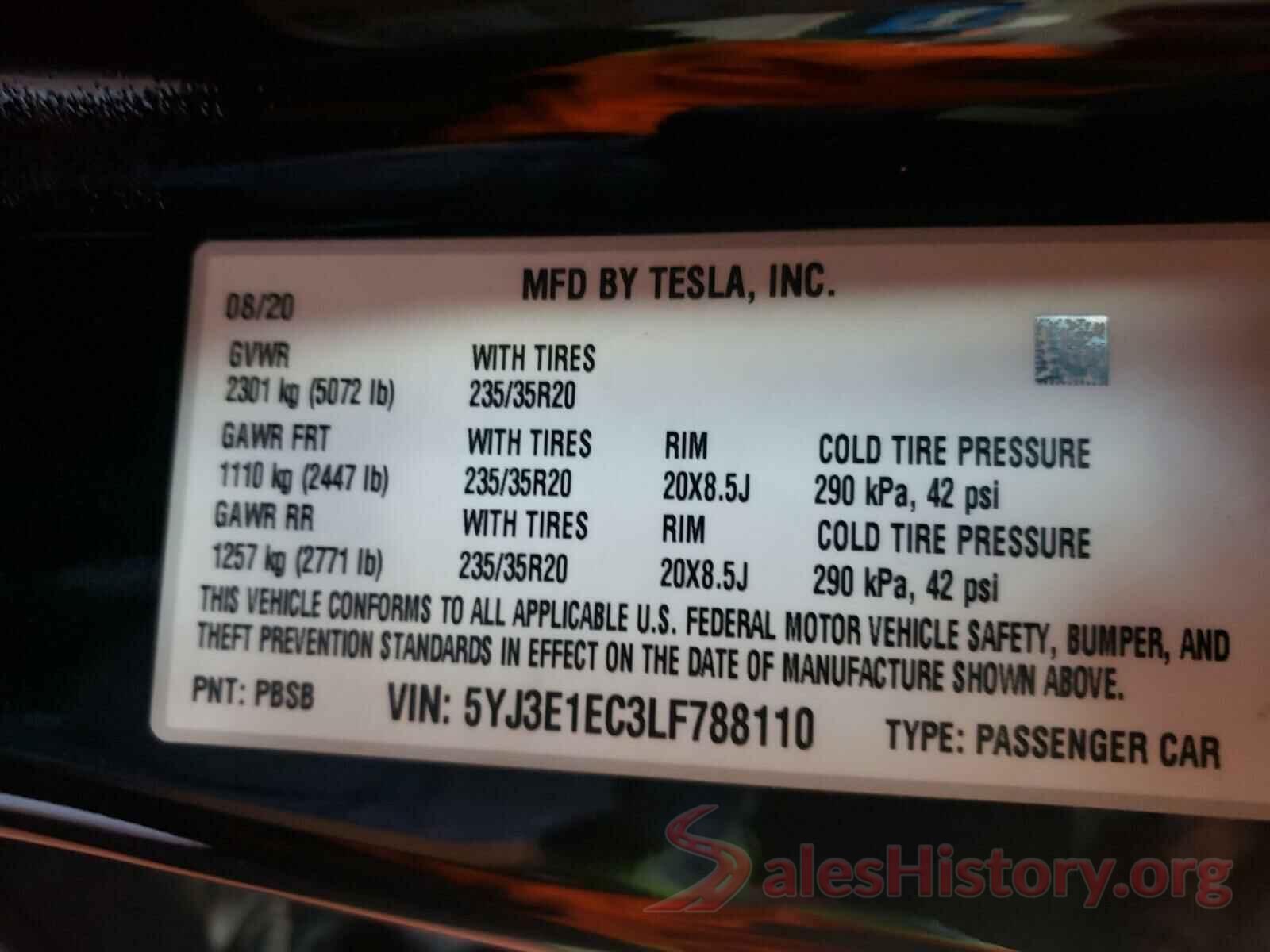 5YJ3E1EC3LF788110 2020 TESLA MODEL 3