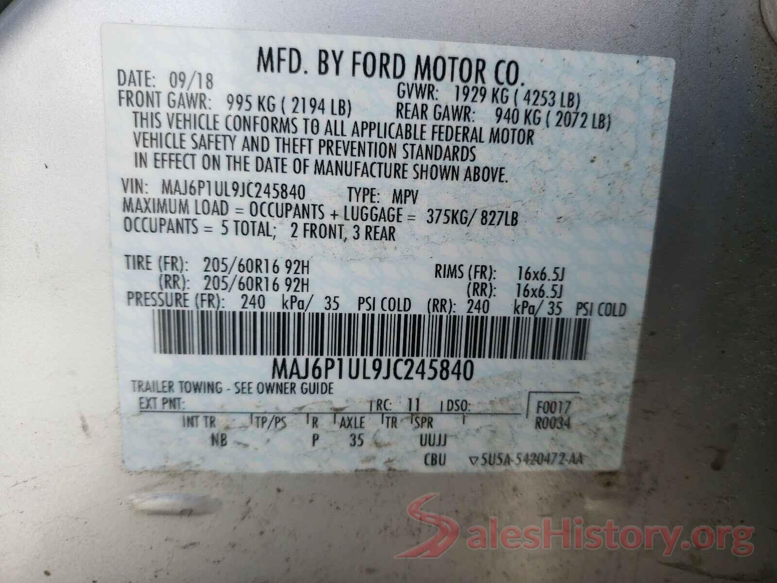 MAJ6P1UL9JC245840 2018 FORD ALL OTHER