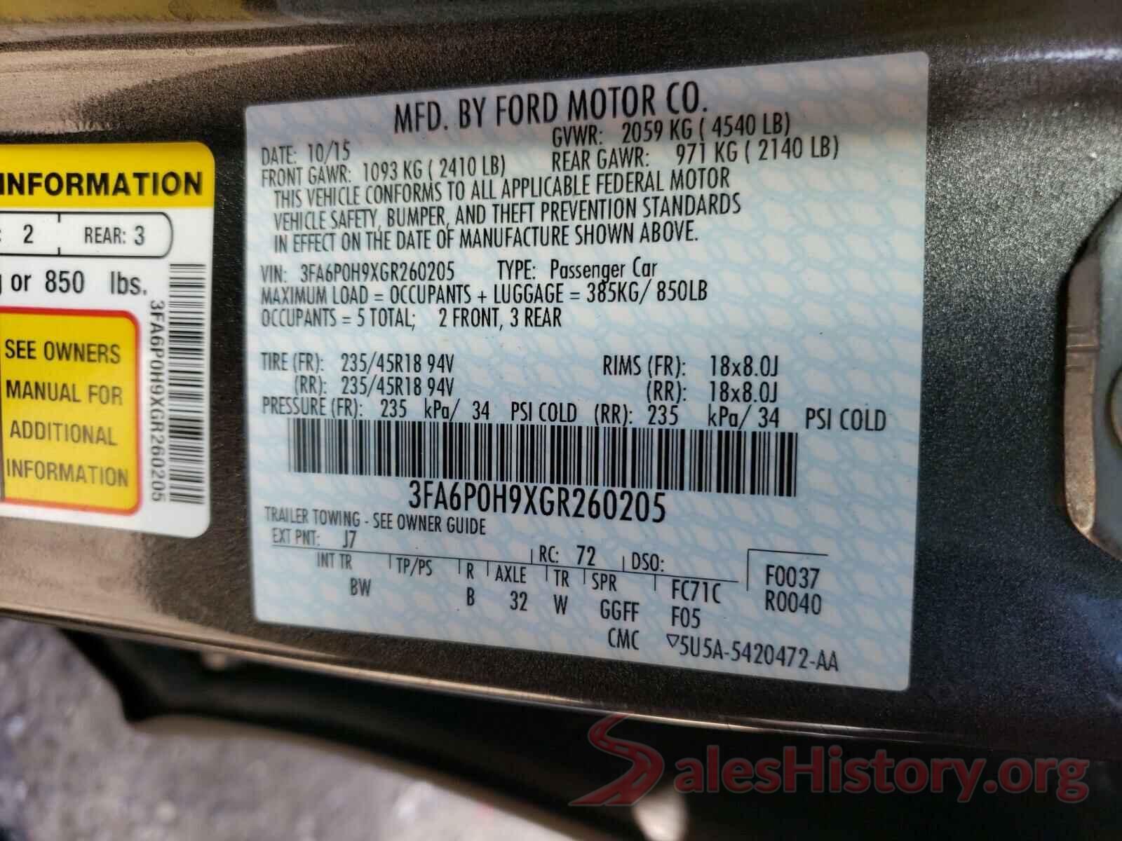 3FA6P0H9XGR260205 2016 FORD FUSION