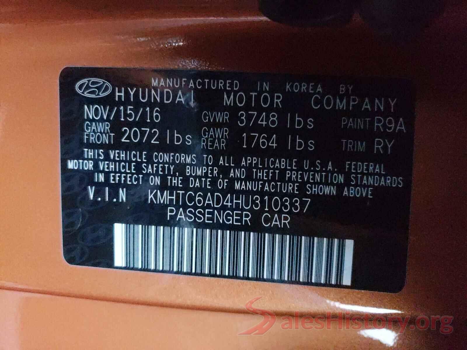 KMHTC6AD4HU310337 2017 HYUNDAI VELOSTER