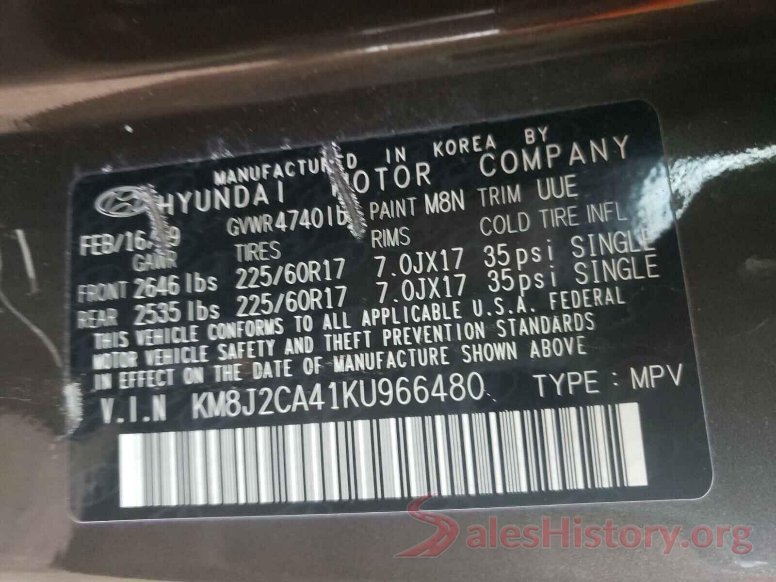 KM8J2CA41KU966480 2019 HYUNDAI TUCSON