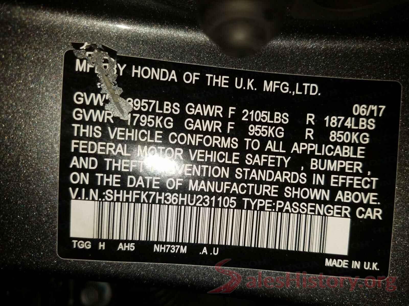 SHHFK7H36HU231105 2017 HONDA CIVIC