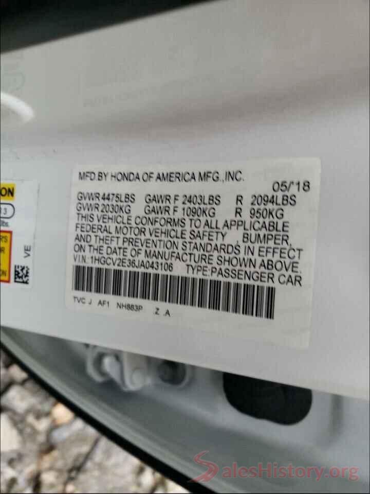 1HGCV2E36JA043106 2018 HONDA ACCORD