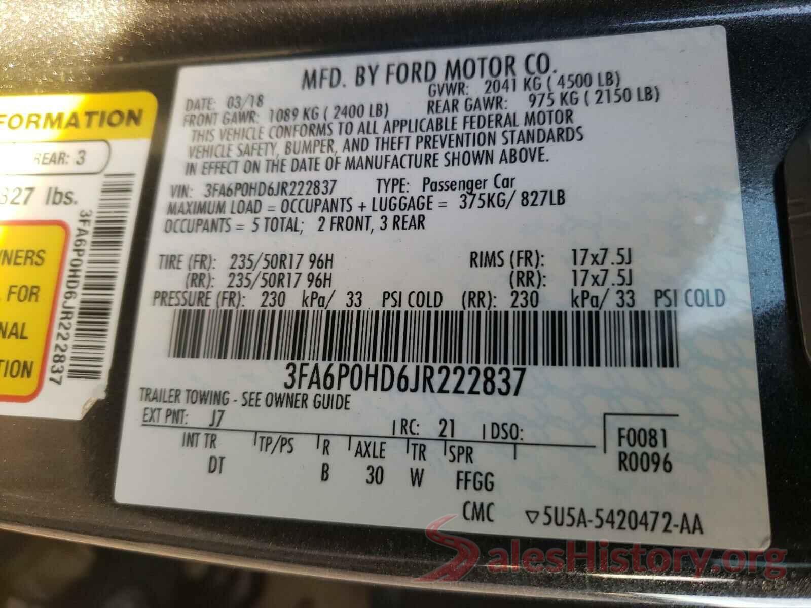 3FA6P0HD6JR222837 2018 FORD FUSION