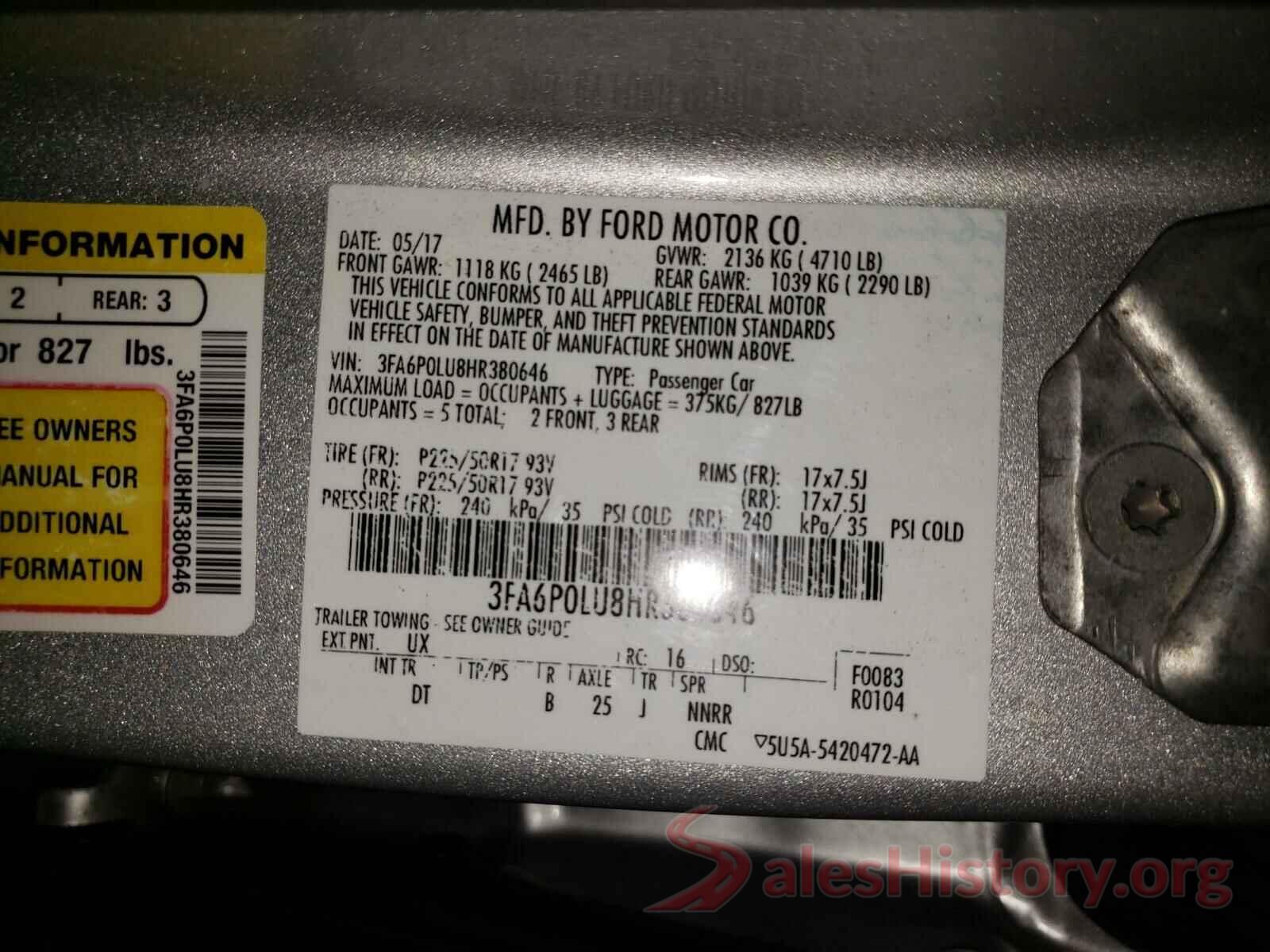 3FA6P0LU8HR380646 2017 FORD FUSION