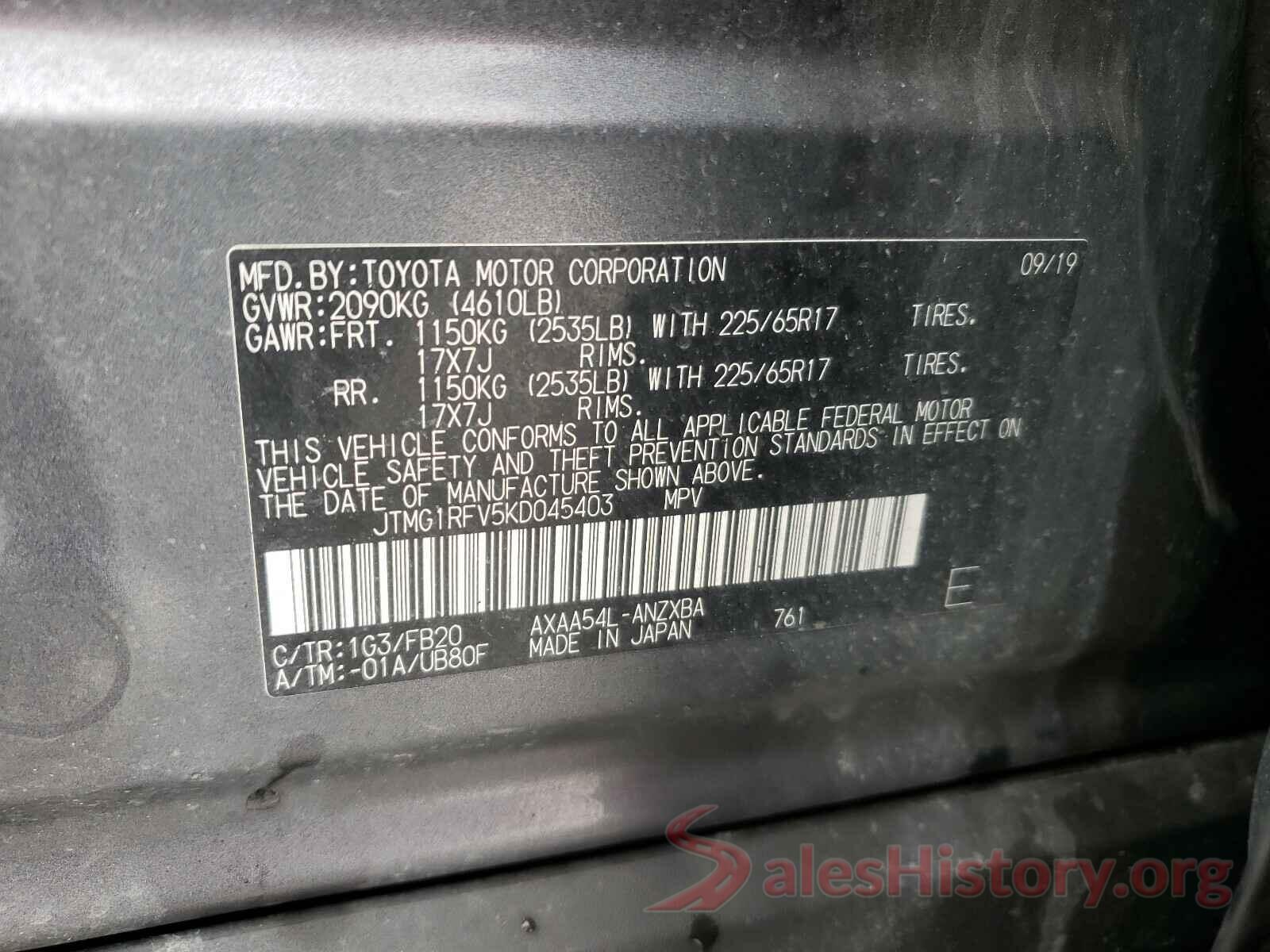 JTMG1RFV5KD045403 2019 TOYOTA RAV4