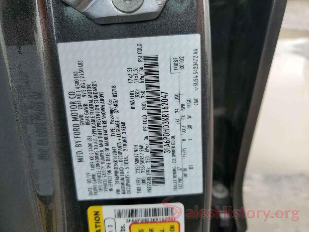 3FA6P0HD3KR162047 2019 FORD FUSION