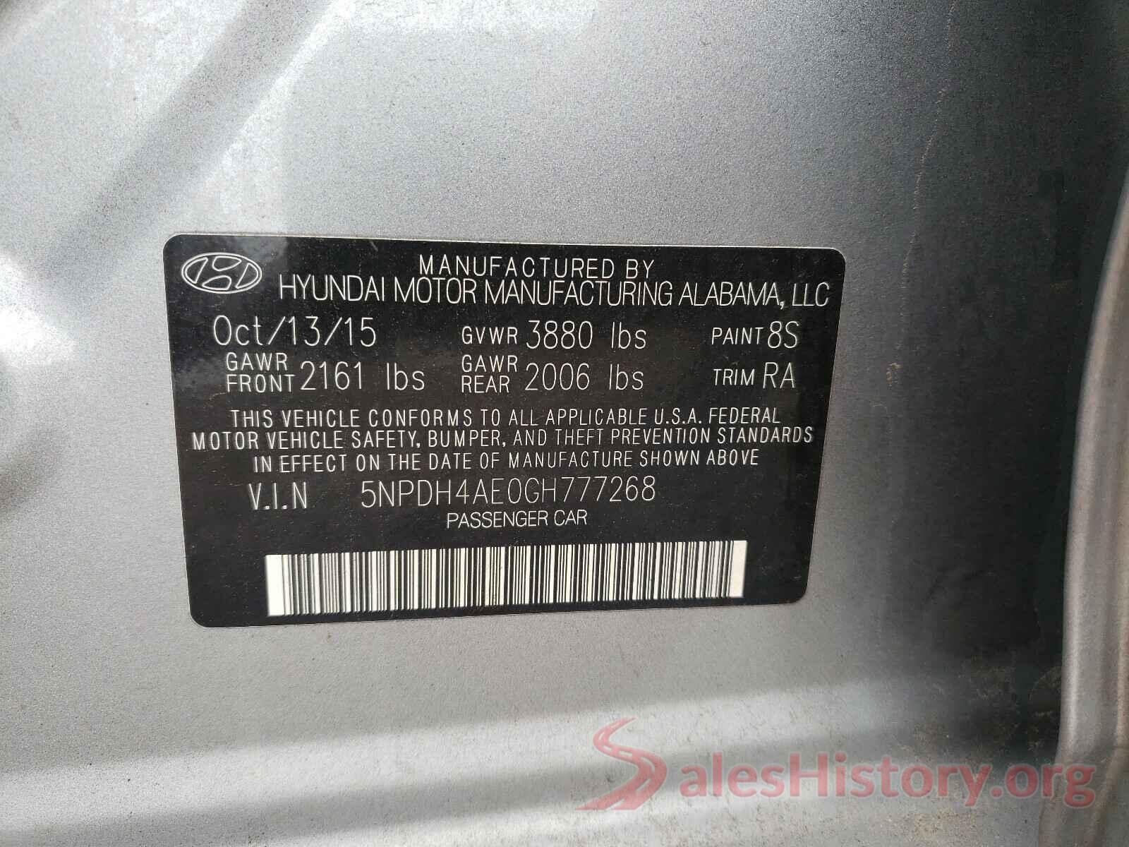 5NPDH4AE0GH777268 2016 HYUNDAI ELANTRA