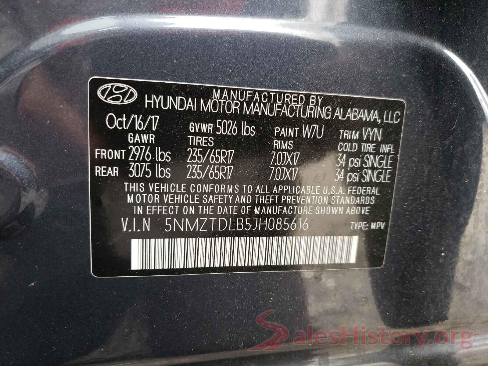 5NMZTDLB5JH085616 2018 HYUNDAI SANTA FE