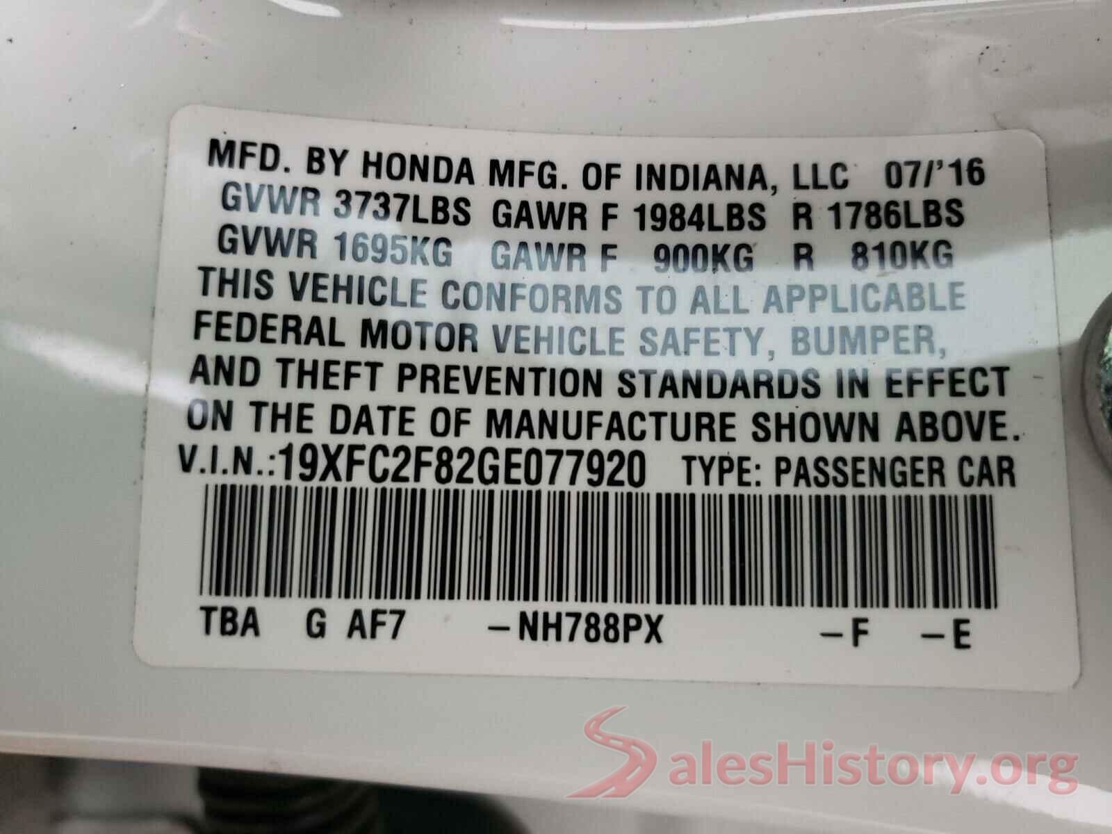 19XFC2F82GE077920 2016 HONDA CIVIC