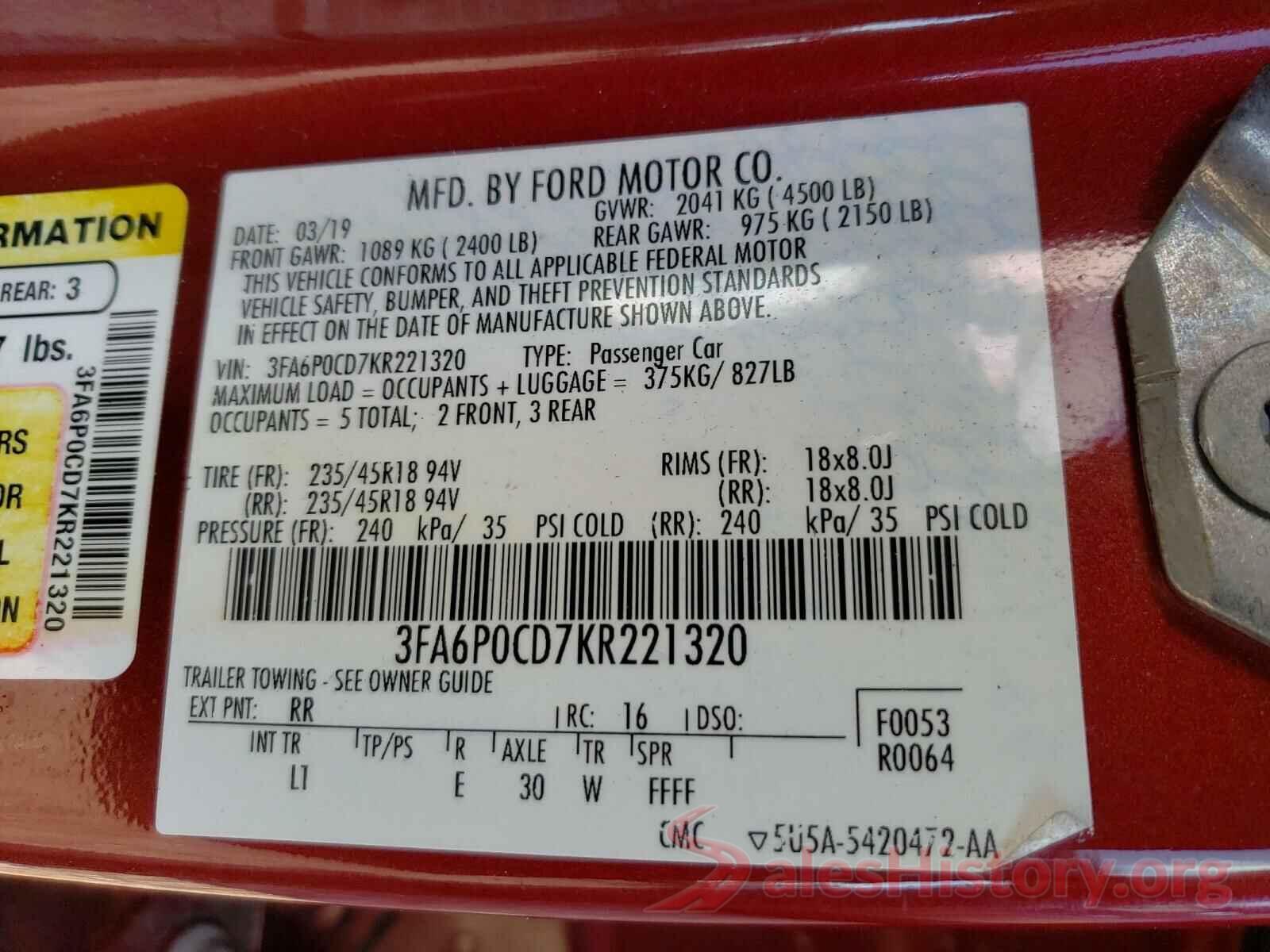 3FA6P0CD7KR221320 2019 FORD FUSION