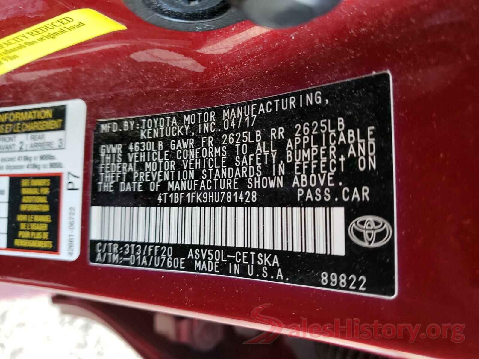 4T1BF1FK9HU781428 2017 TOYOTA CAMRY