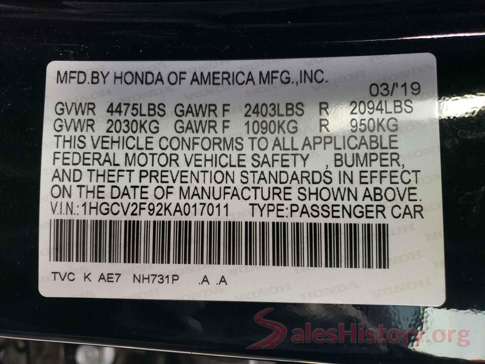 1HGCV2F92KA017011 2019 HONDA ACCORD