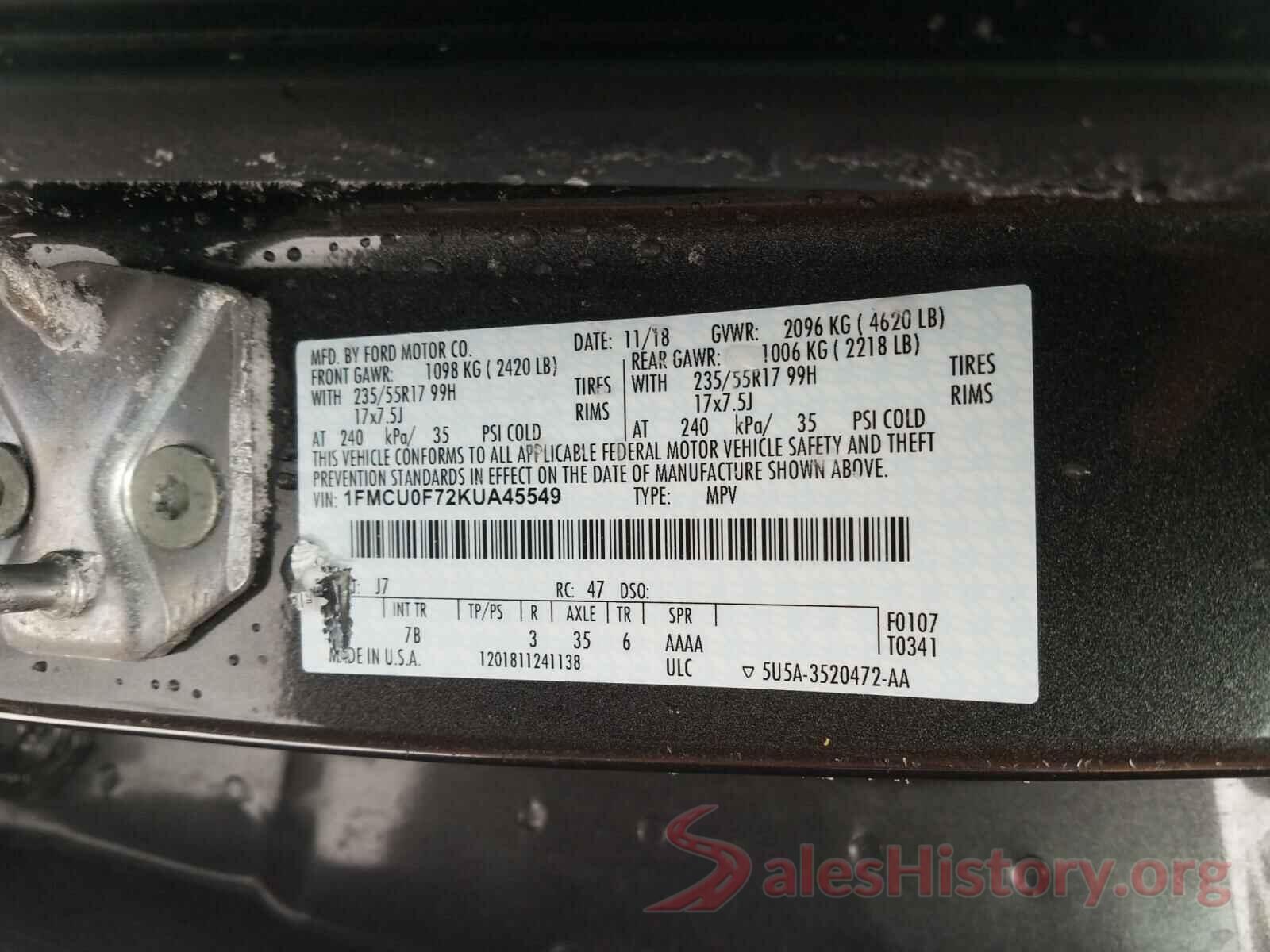 1FMCU0F72KUA45549 2019 FORD ESCAPE