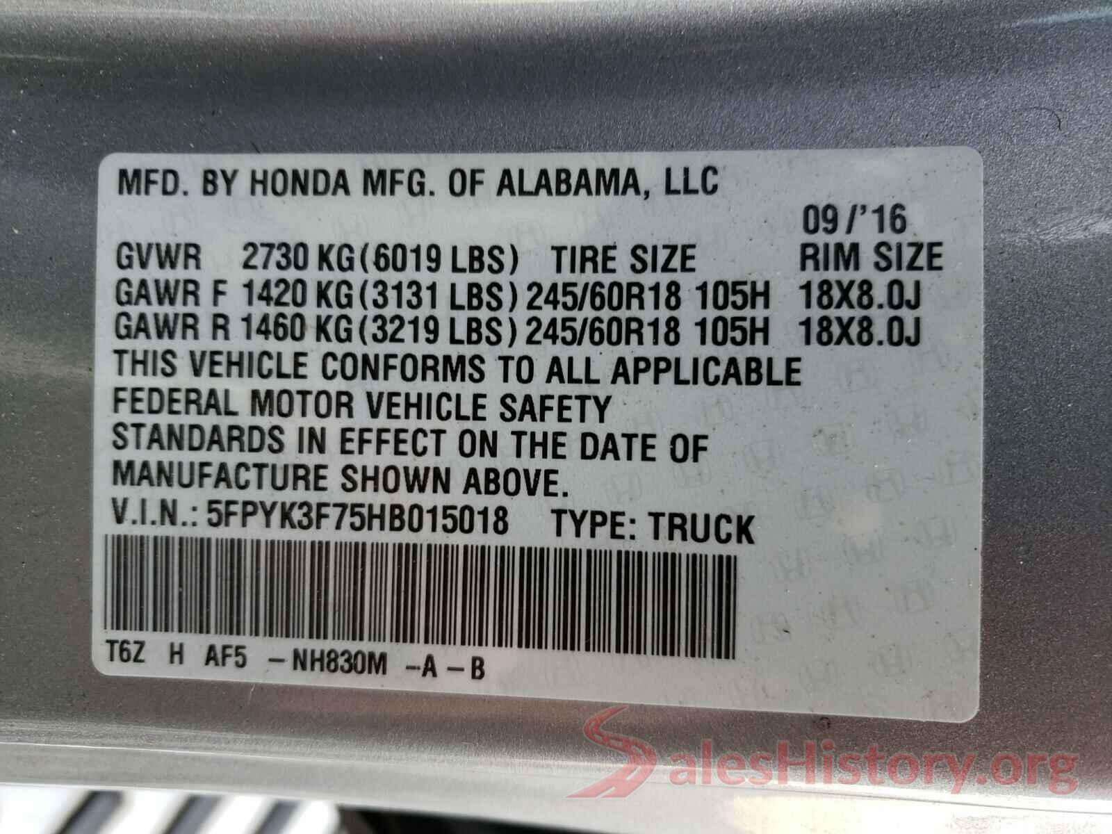 5FPYK3F75HB015018 2017 HONDA RIDGELINE