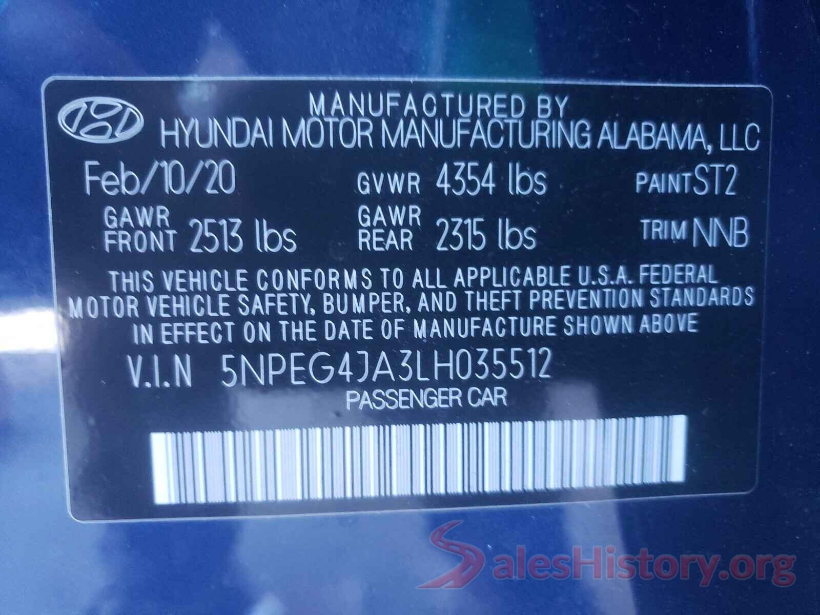 5NPEG4JA3LH035512 2020 HYUNDAI SONATA