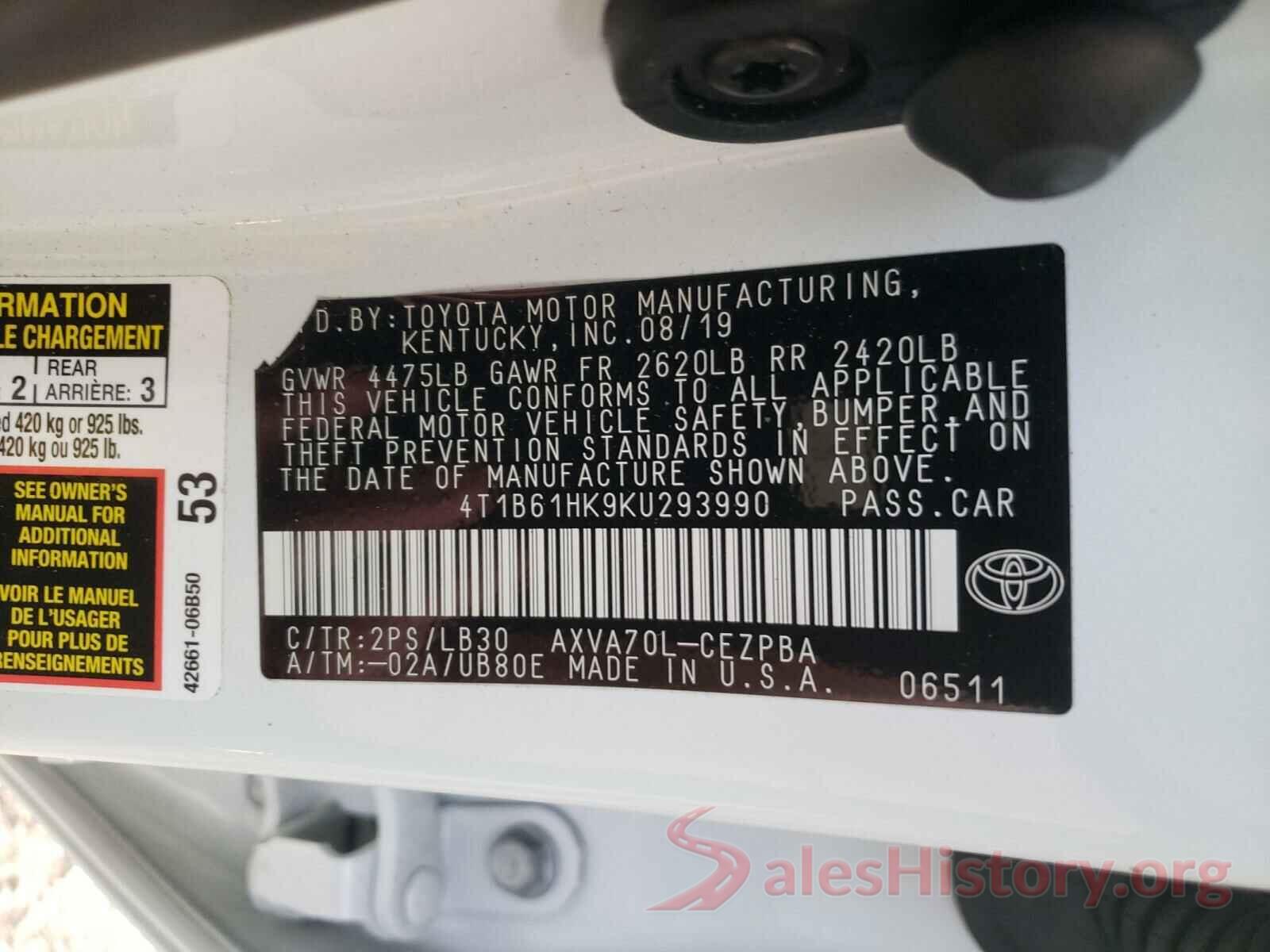 4T1B61HK9KU293990 2019 TOYOTA CAMRY