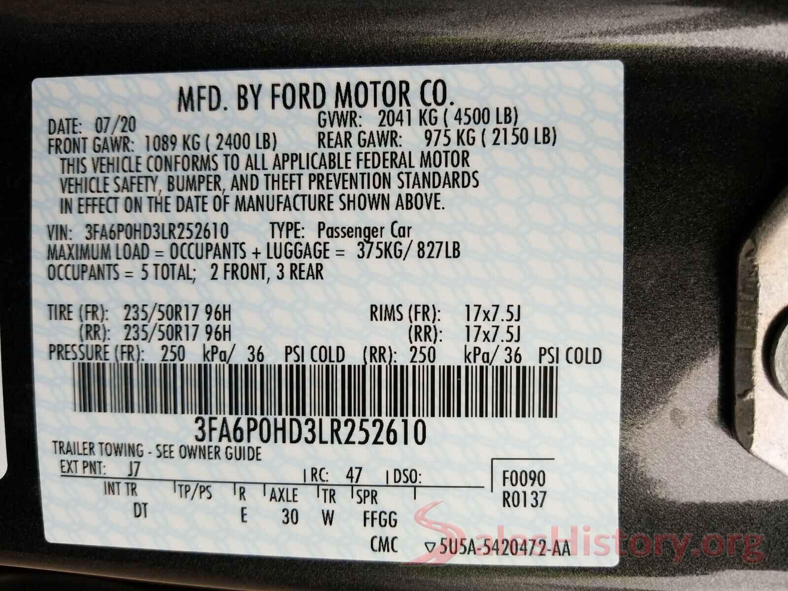 3FA6P0HD3LR252610 2020 FORD FUSION