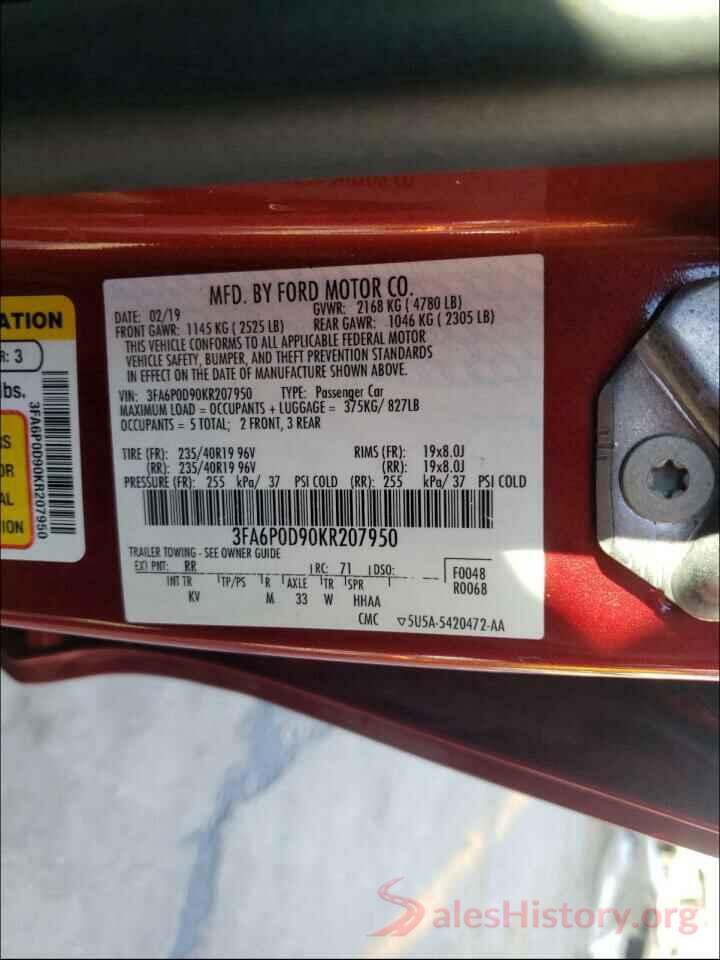 3FA6P0D90KR207950 2019 FORD FUSION