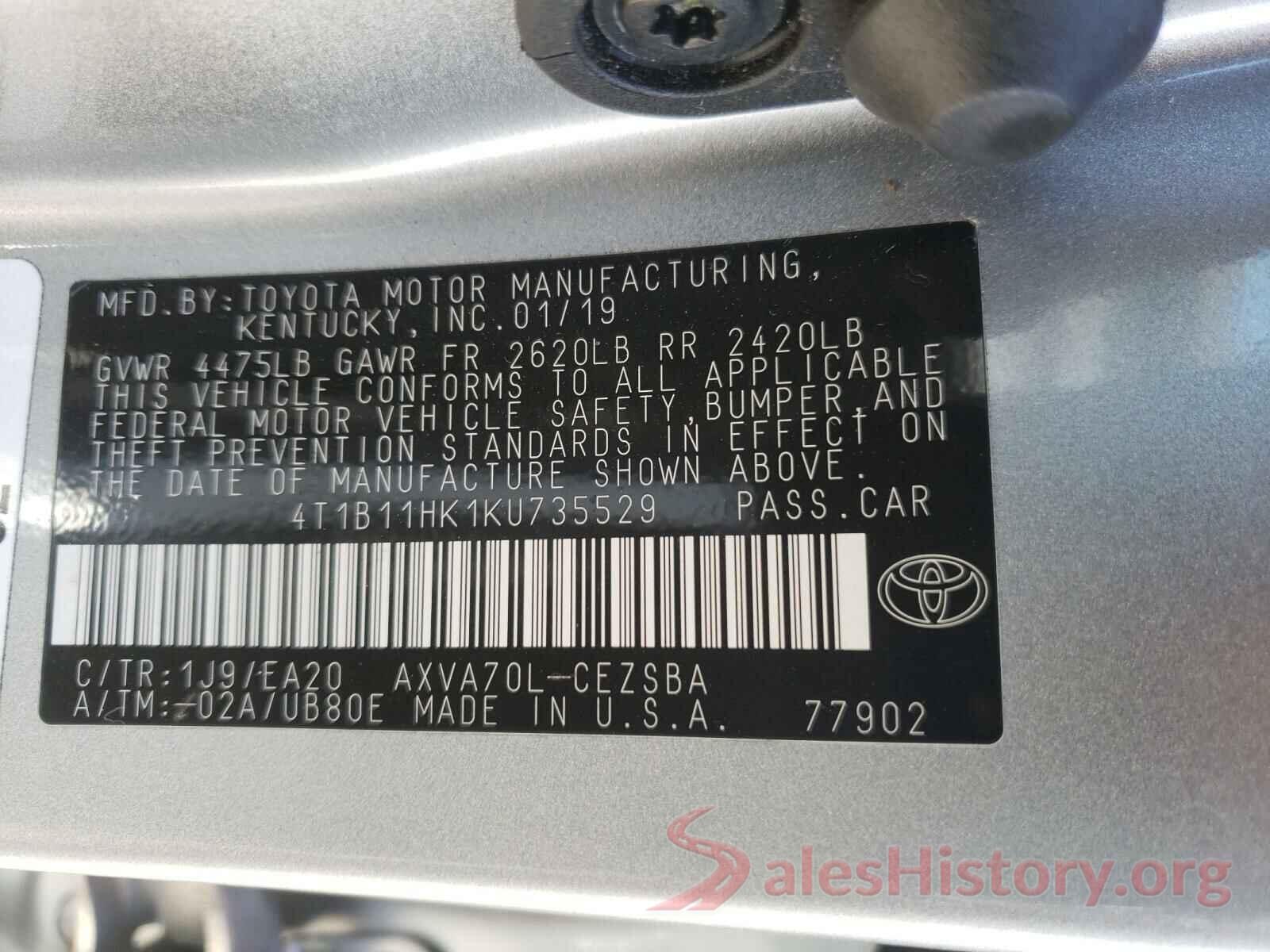 4T1B11HK1KU735529 2019 TOYOTA CAMRY