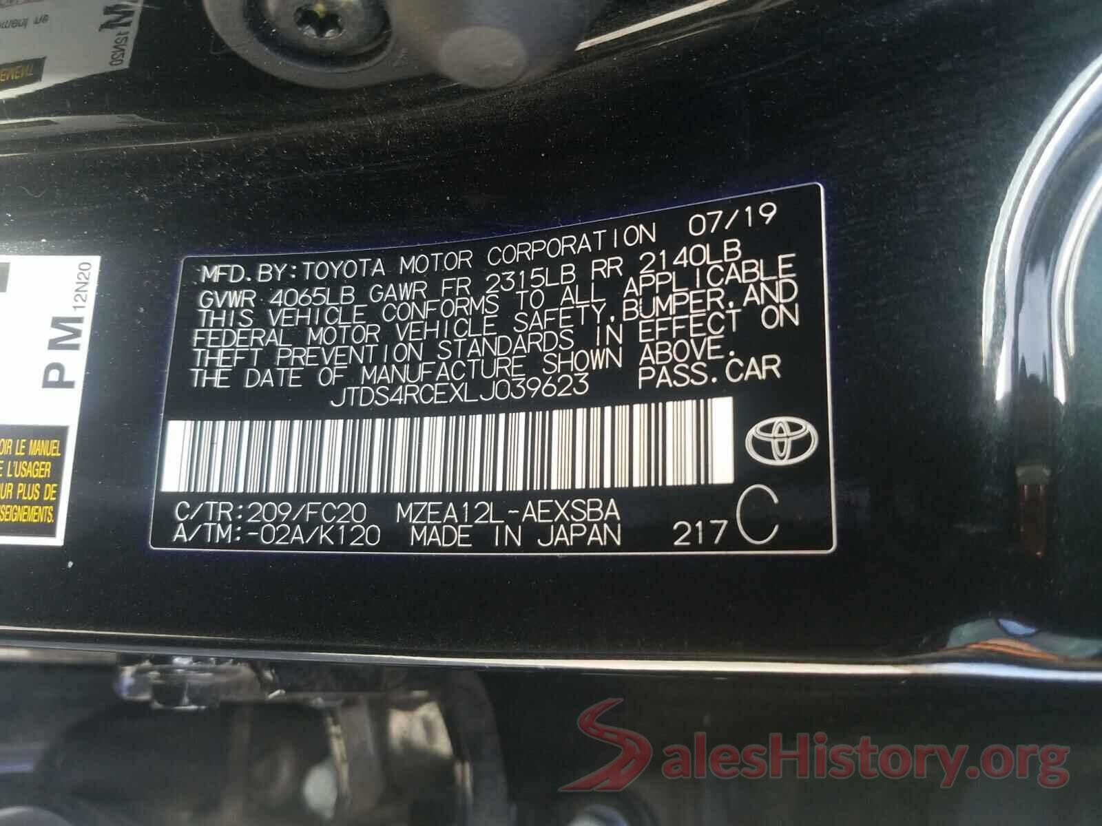 JTDS4RCEXLJ039623 2020 TOYOTA COROLLA