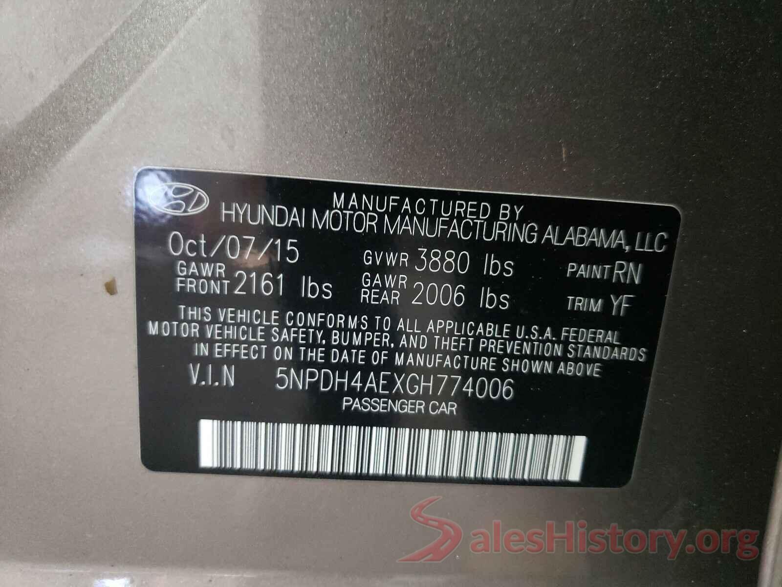 5NPDH4AEXGH774006 2016 HYUNDAI ELANTRA