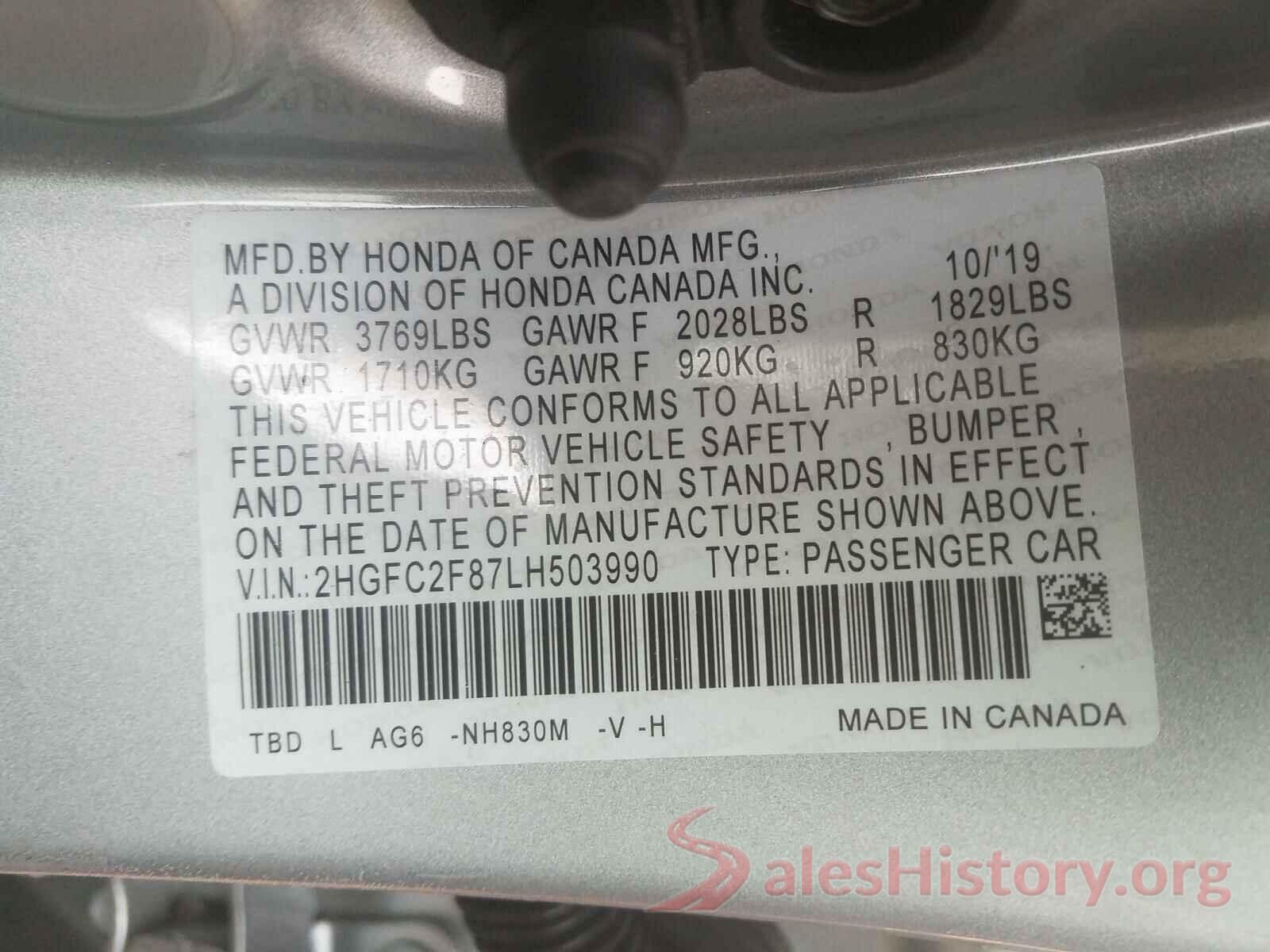 2HGFC2F87LH503990 2020 HONDA CIVIC