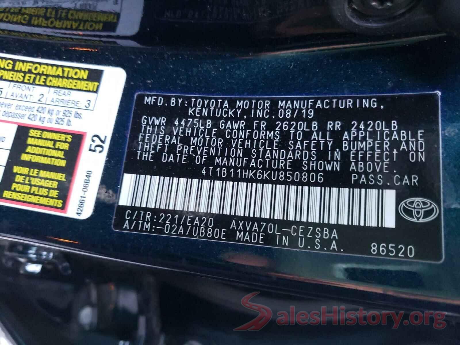 4T1B11HK6KU850806 2019 TOYOTA CAMRY