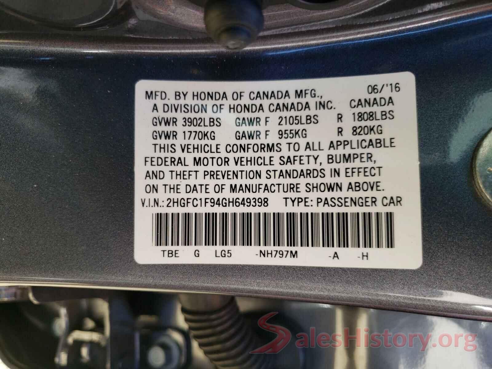 2HGFC1F94GH649398 2016 HONDA CIVIC