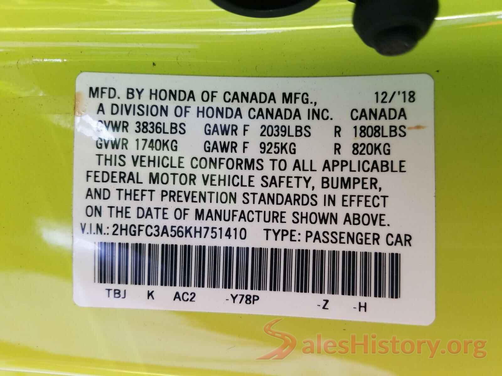 2HGFC3A56KH751410 2019 HONDA CIVIC