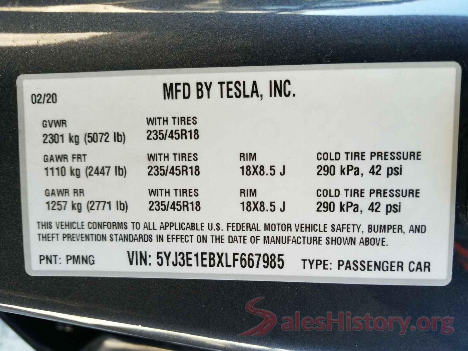 5YJ3E1EBXLF667985 2020 TESLA MODEL 3