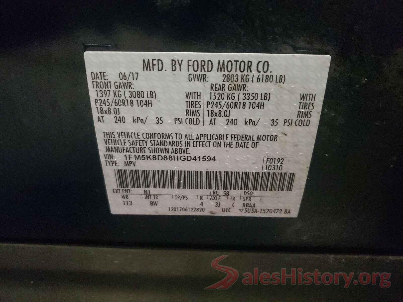 1FM5K8D88HGD41594 2017 FORD EXPLORER