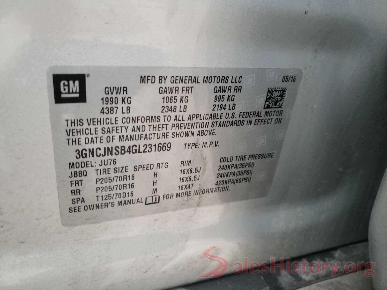 3GNCJNSB4GL231669 2016 CHEVROLET TRAX