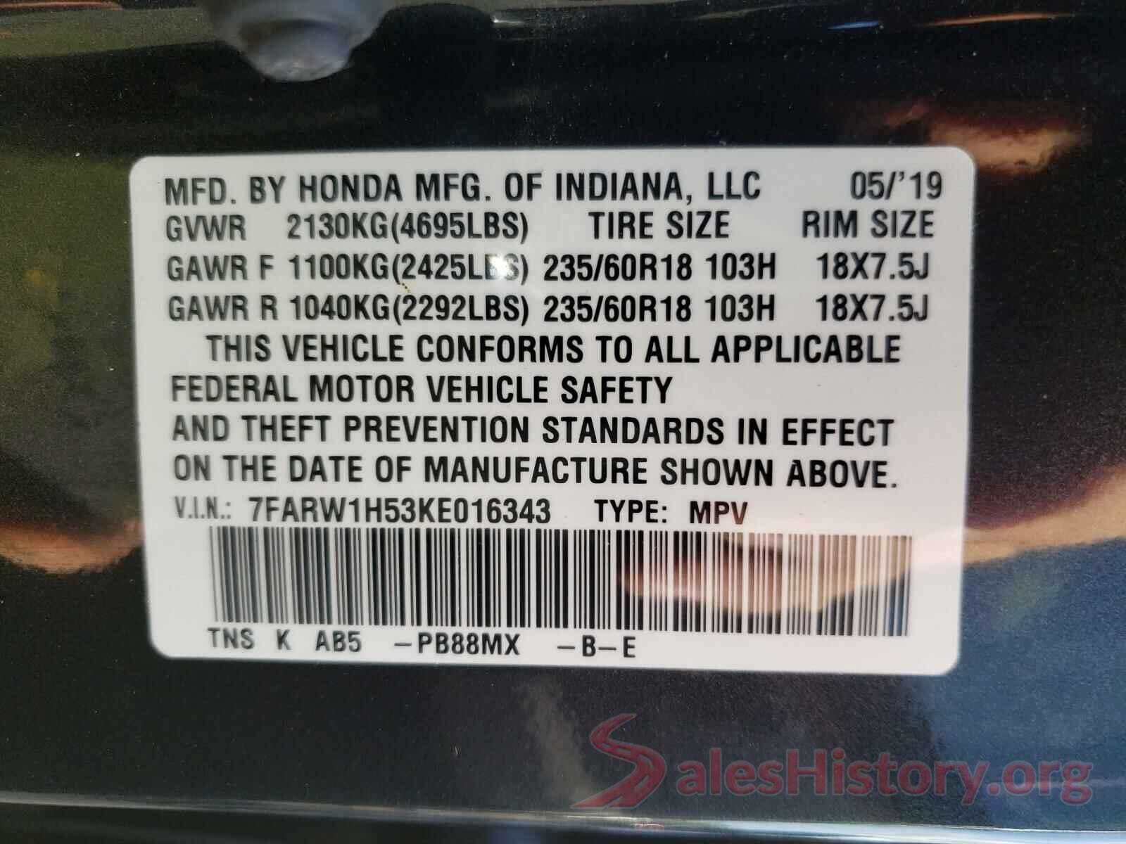 7FARW1H53KE016343 2019 HONDA CRV