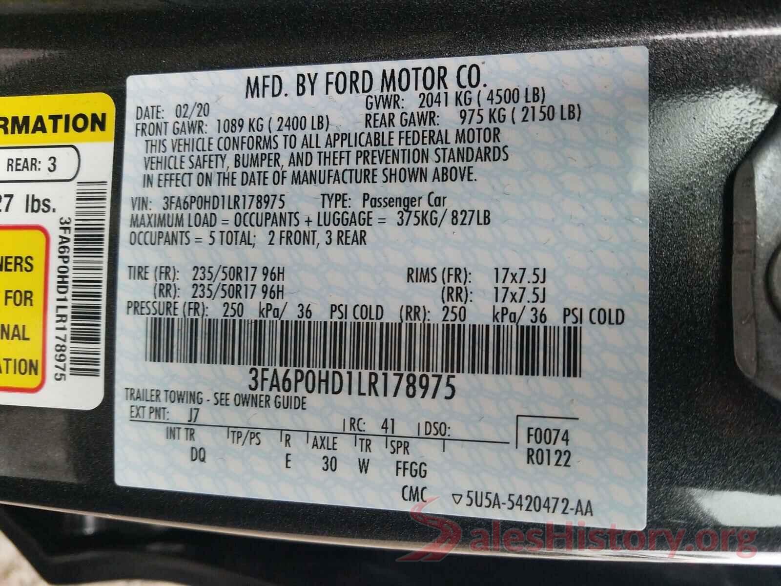 3FA6P0HD1LR178975 2020 FORD FUSION