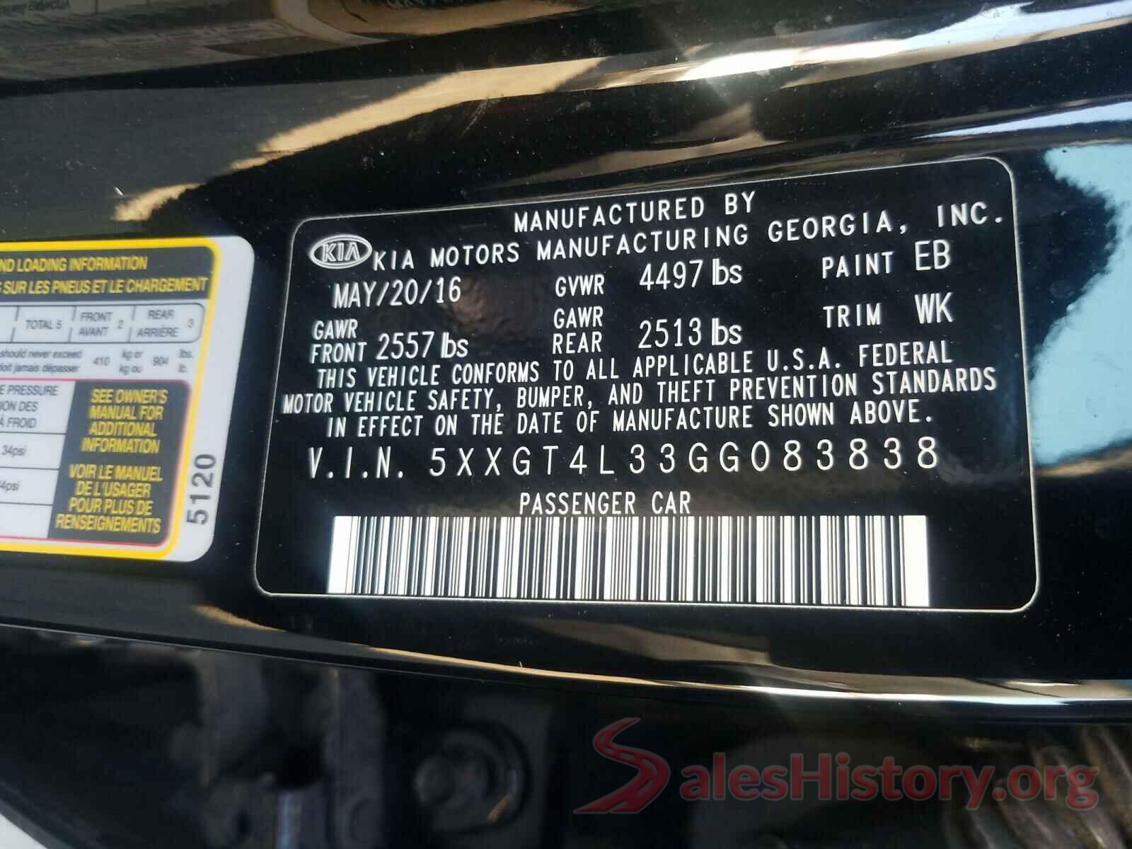 5XXGT4L33GG083838 2016 KIA OPTIMA