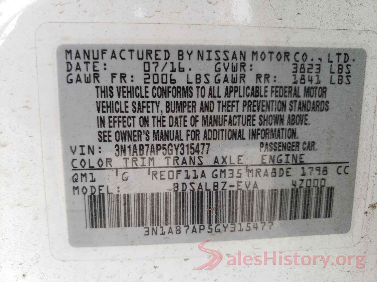 3N1AB7AP5GY315477 2016 NISSAN SENTRA