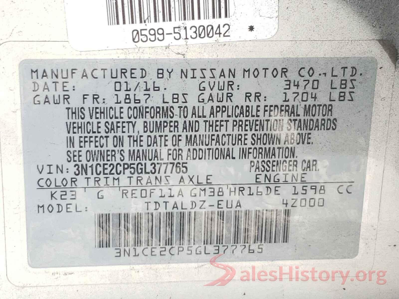 3N1CE2CP5GL377765 2016 NISSAN VERSA