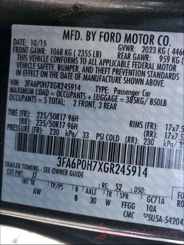 3FA6P0H7XGR245914 2016 FORD FUSION