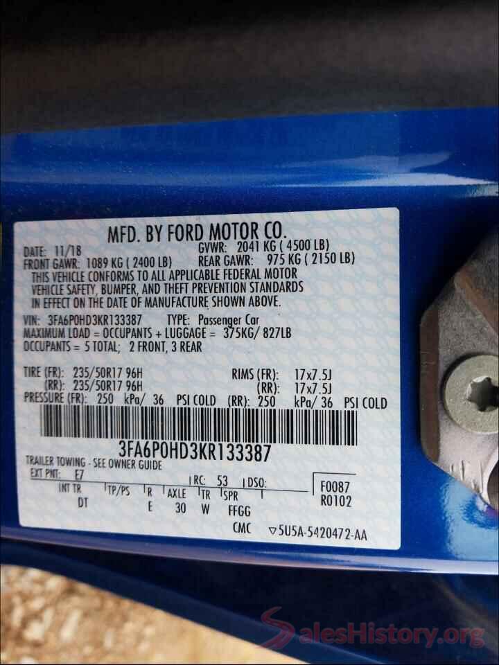 3FA6P0HD3KR133387 2019 FORD FUSION