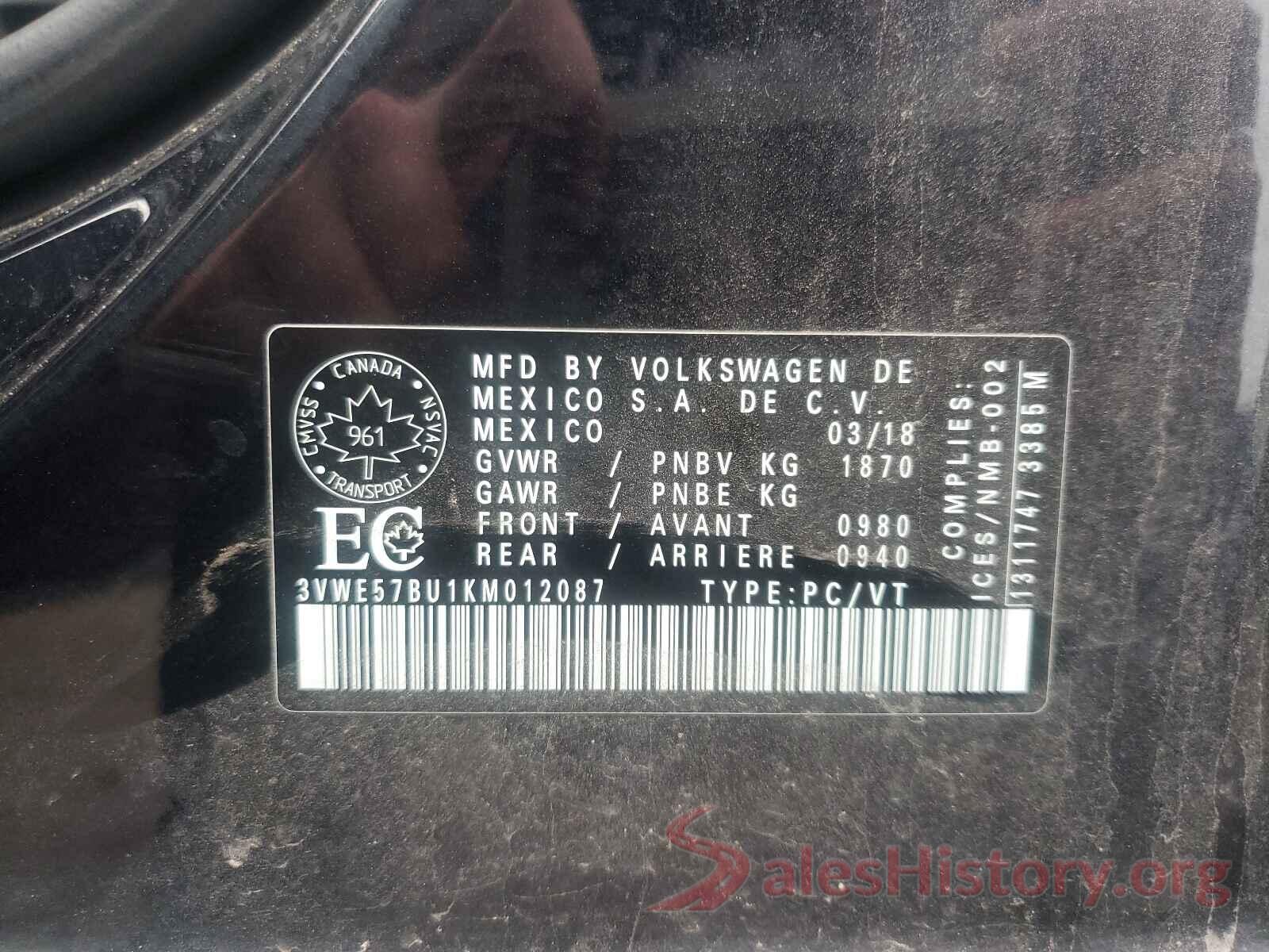 3VWE57BU1KM012087 2019 VOLKSWAGEN JETTA