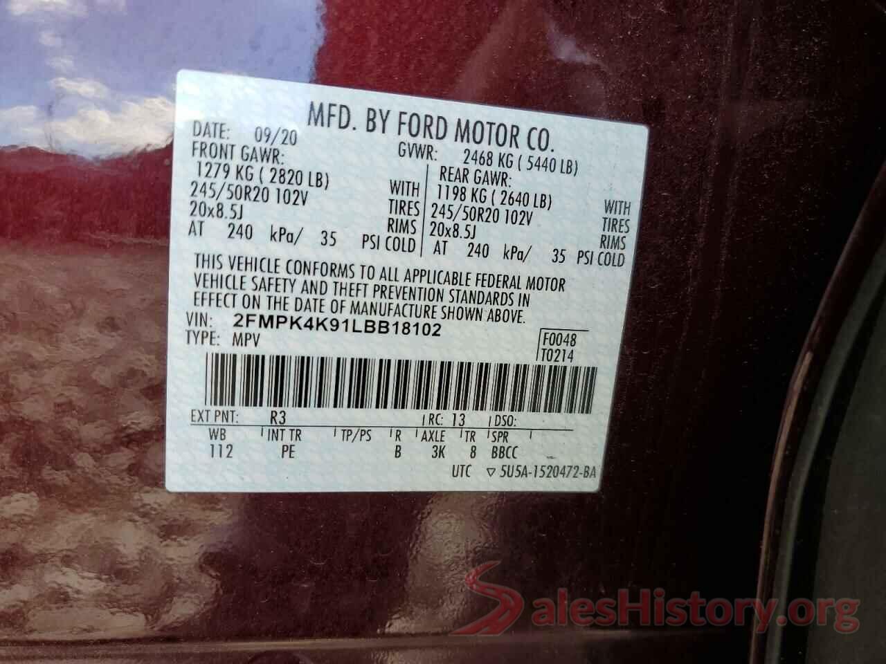 2FMPK4K91LBB18102 2020 FORD EDGE