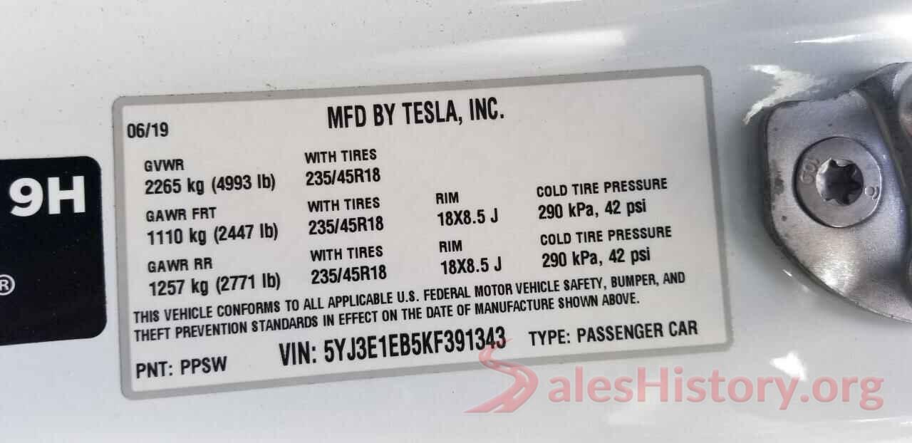 5YJ3E1EB5KF391343 2019 TESLA MODEL 3