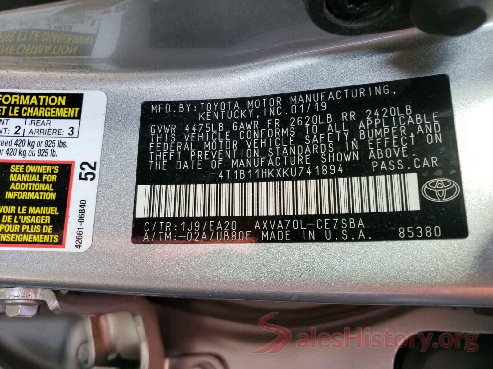 4T1B11HKXKU741894 2019 TOYOTA CAMRY