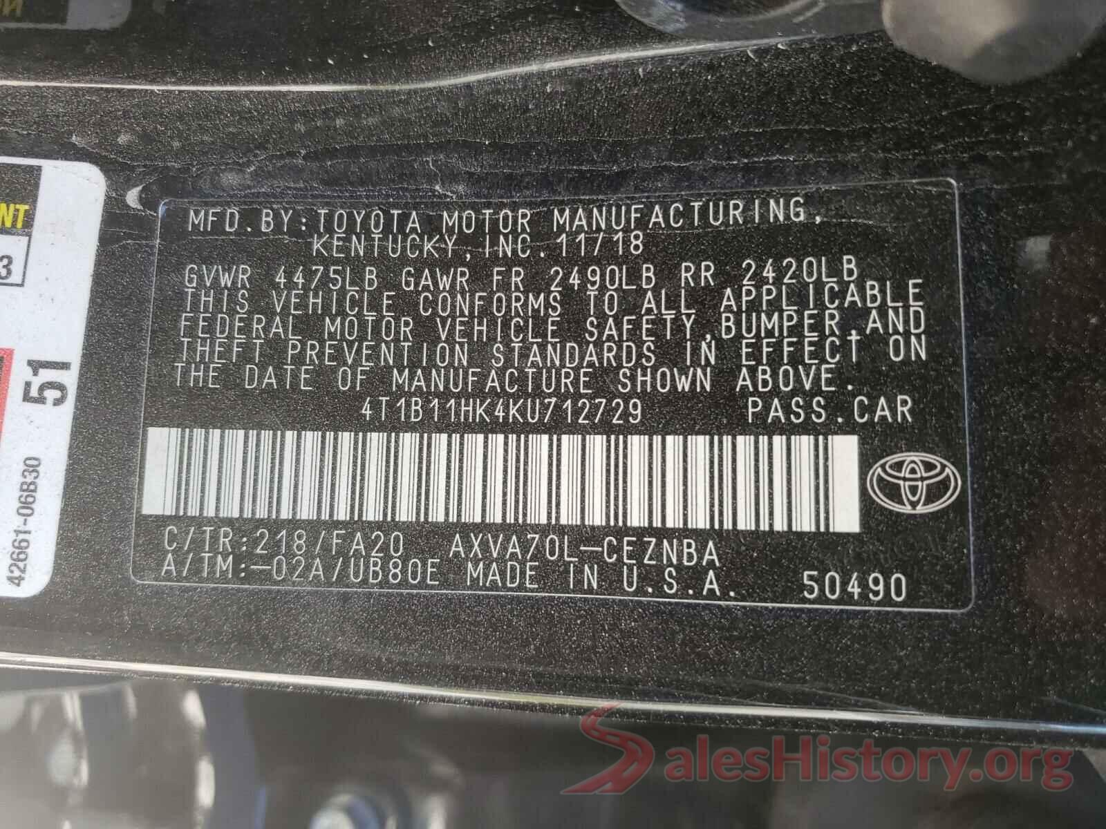 4T1B11HK4KU712729 2019 TOYOTA CAMRY