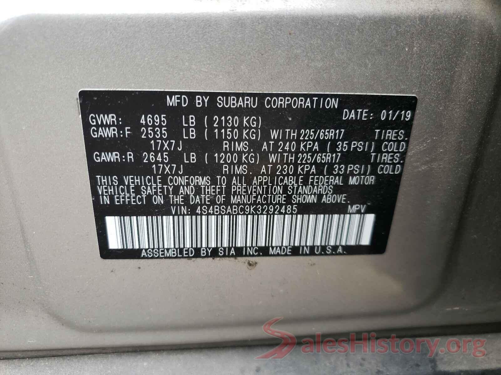 4S4BSABC9K3292485 2019 SUBARU OUTBACK