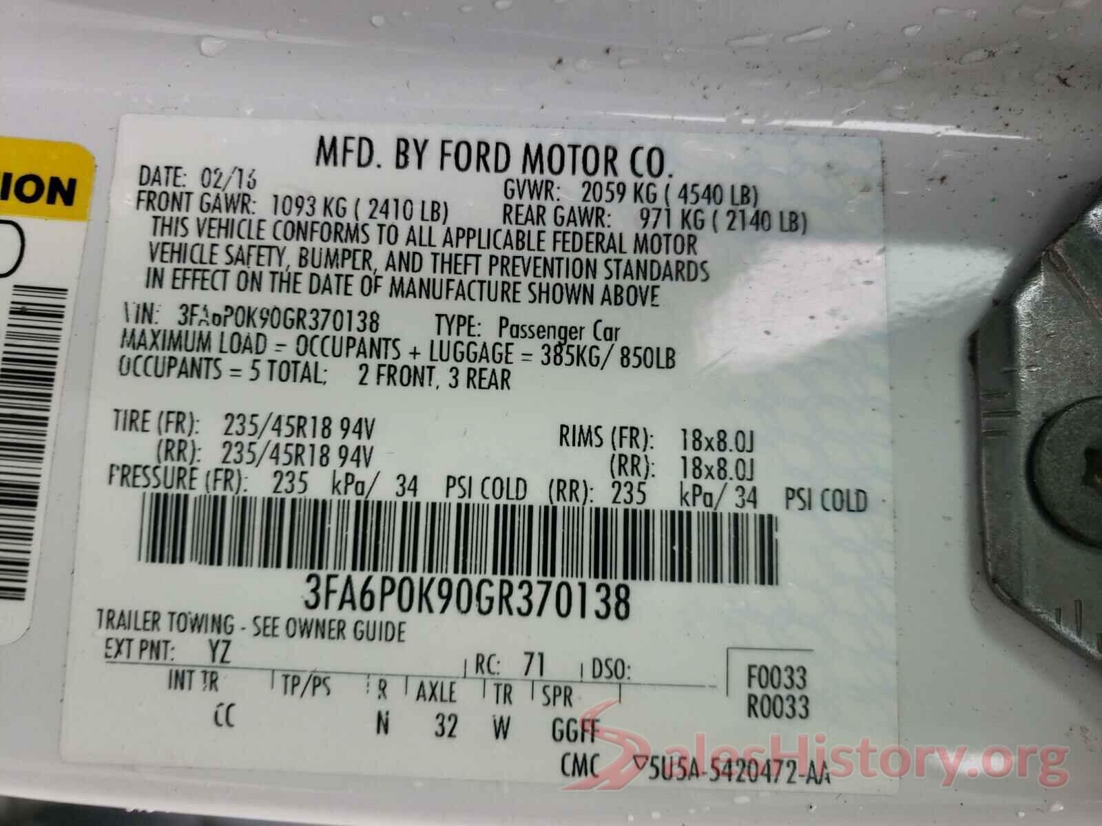 3FA6P0K90GR370138 2016 FORD FUSION